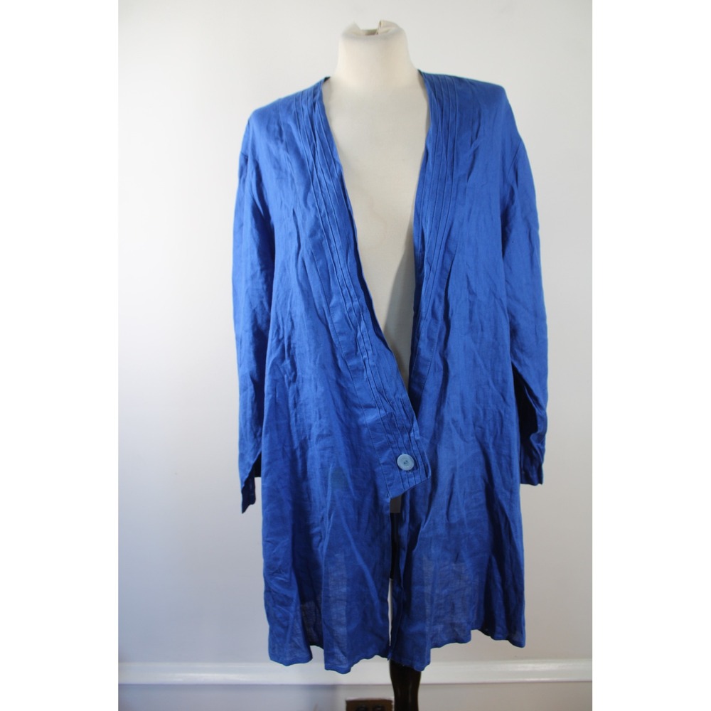 Marimekko L Cobalt Blue Linen V-Neck One-Button Jacket Tunic Top Finland
